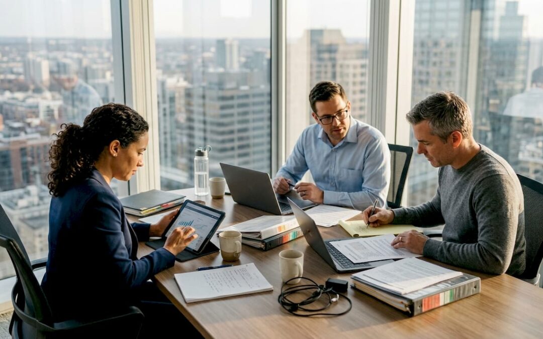 Business team reviewing AI adoption reports