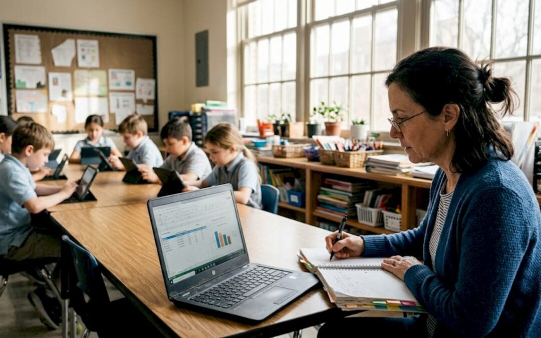 Teacher using technology for student learning