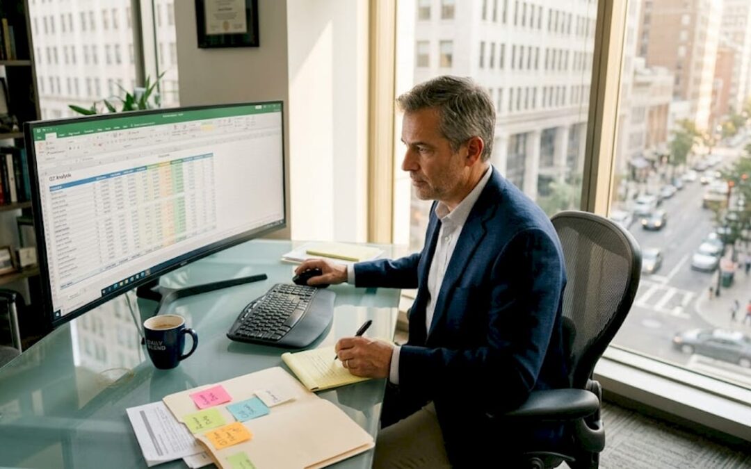 Executive reviewing data in sunlit office