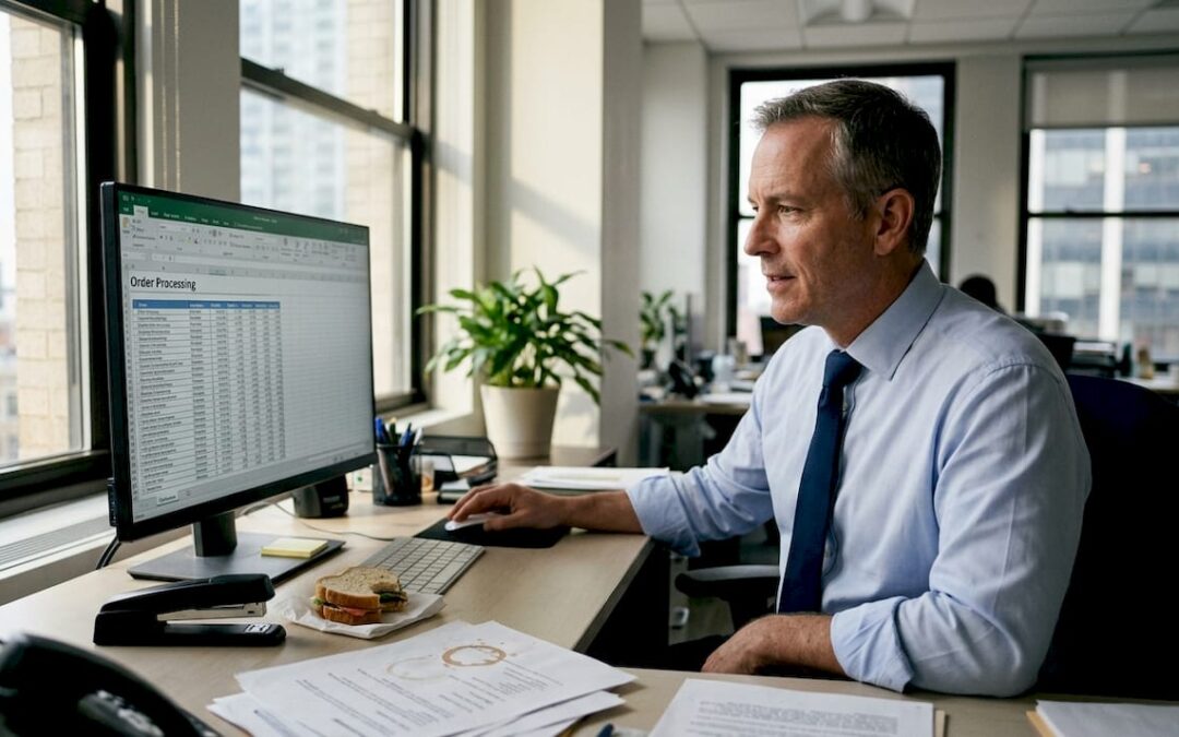 Manager automating business workflow at desk