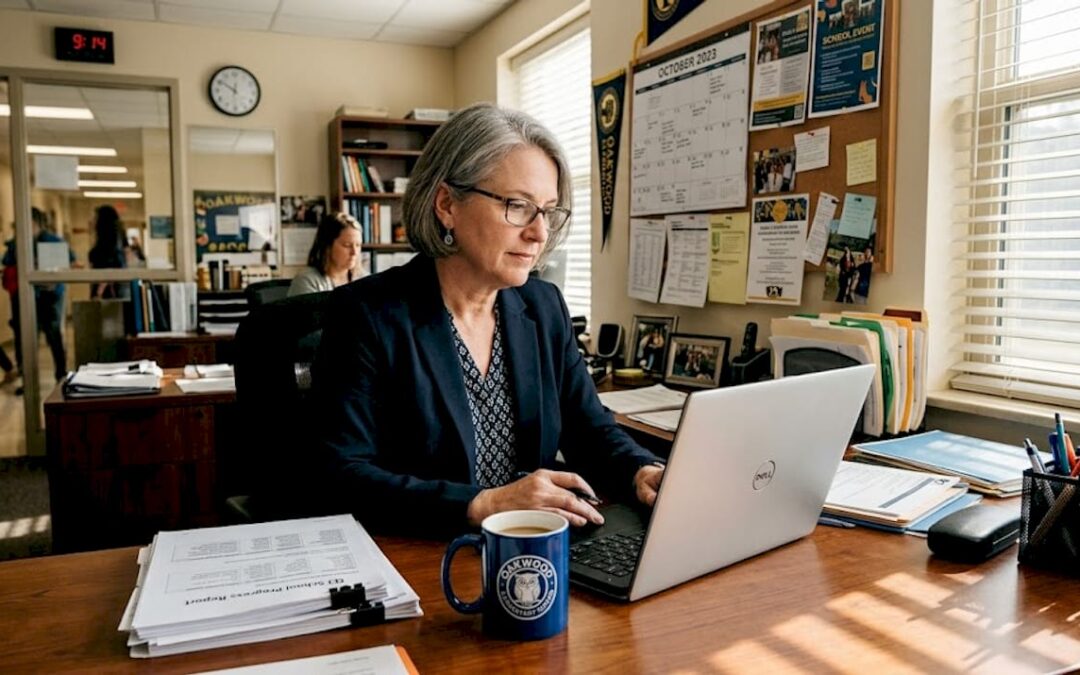 School principal reviews AI tools at desk